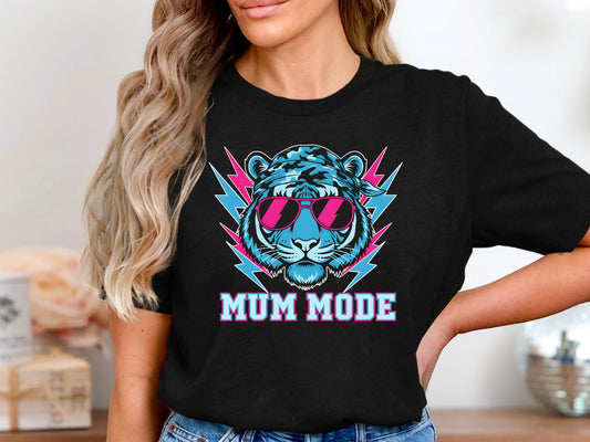 Blue Tiger Mum Mode Retro Tee - Neon Synthwave Streetwear