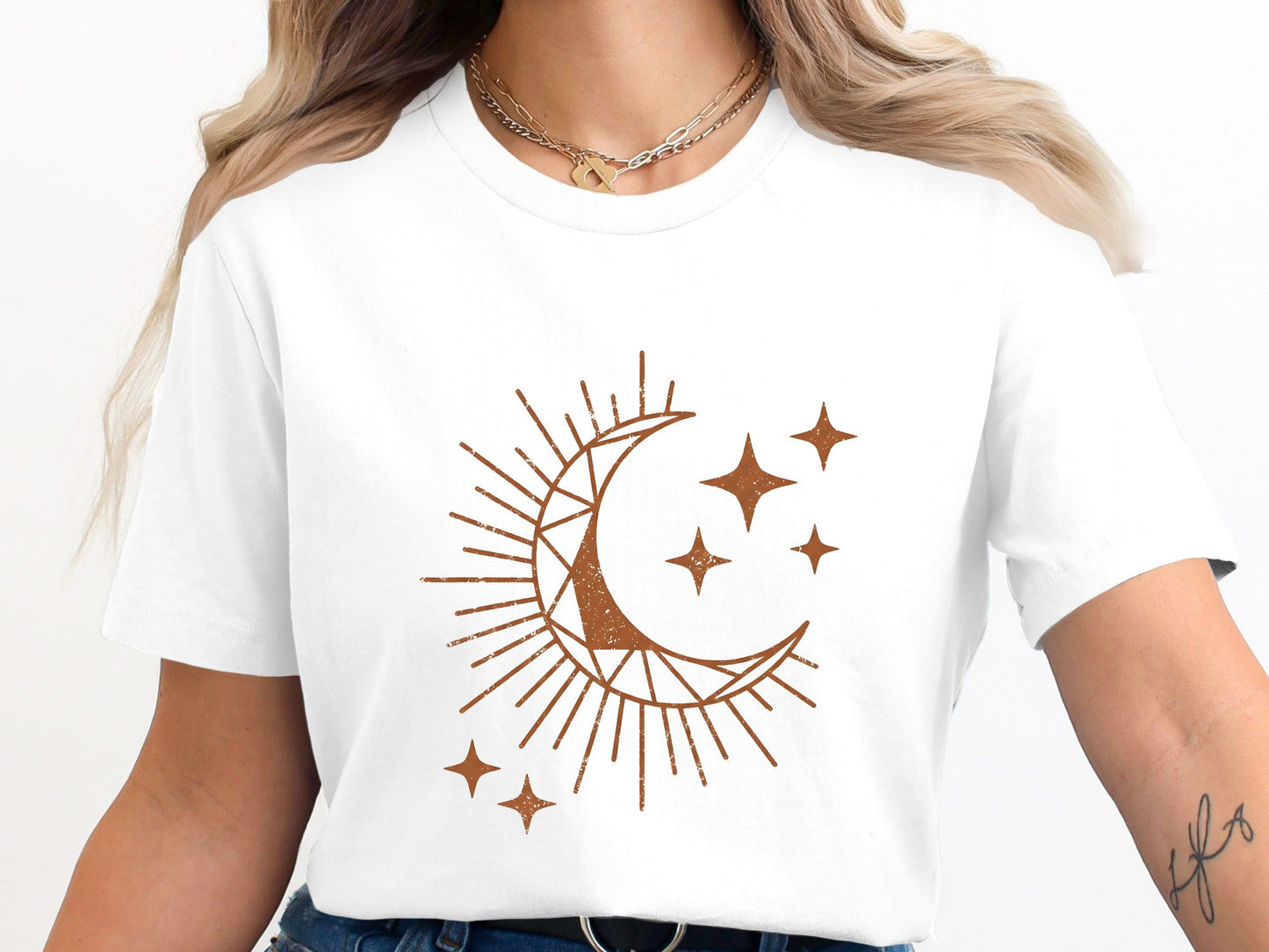 Geometric Crescent Moon Tee – Boho Terracotta Star T-Shirt