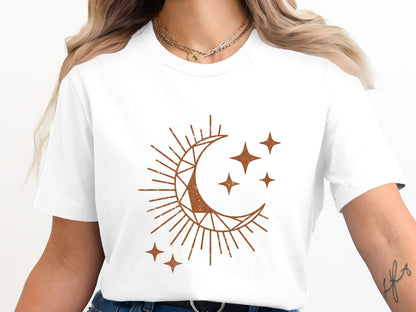 Geometric Crescent Moon Tee – Boho Terracotta Star T-Shirt