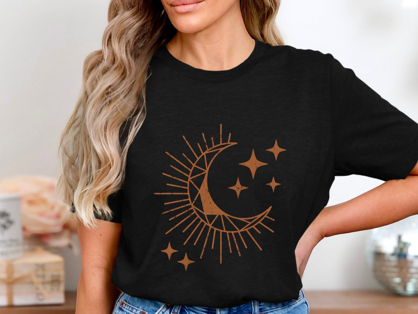 Geometric Crescent Moon Tee – Boho Terracotta Star T-Shirt