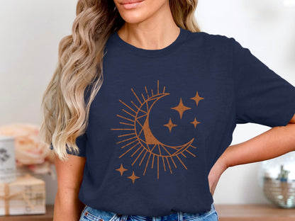 Geometric Crescent Moon Tee – Boho Terracotta Star T-Shirt