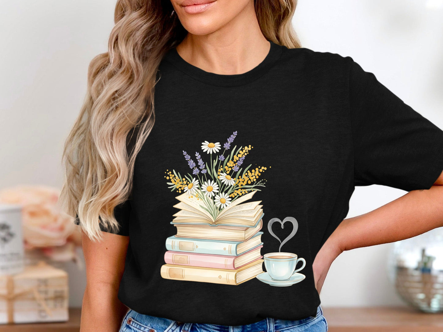 Floral Book Stack and Coffee Heart T-Shirt