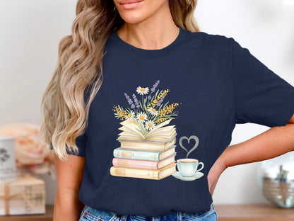Floral Book Stack and Coffee Heart T-Shirt