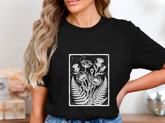 Poppy & Fern Linocut Print T-Shirt