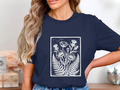 Poppy & Fern Linocut Print T-Shirt