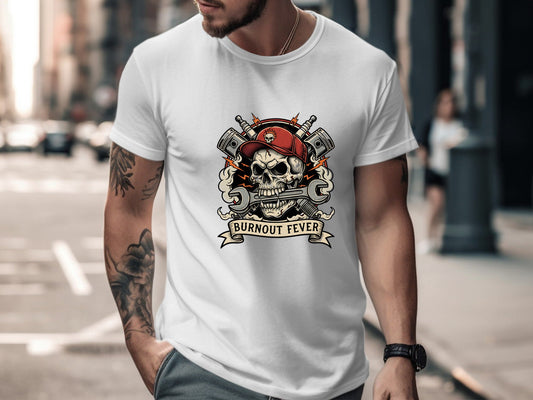 Burnout Fever Mechanic Skull V8 T-Shirt