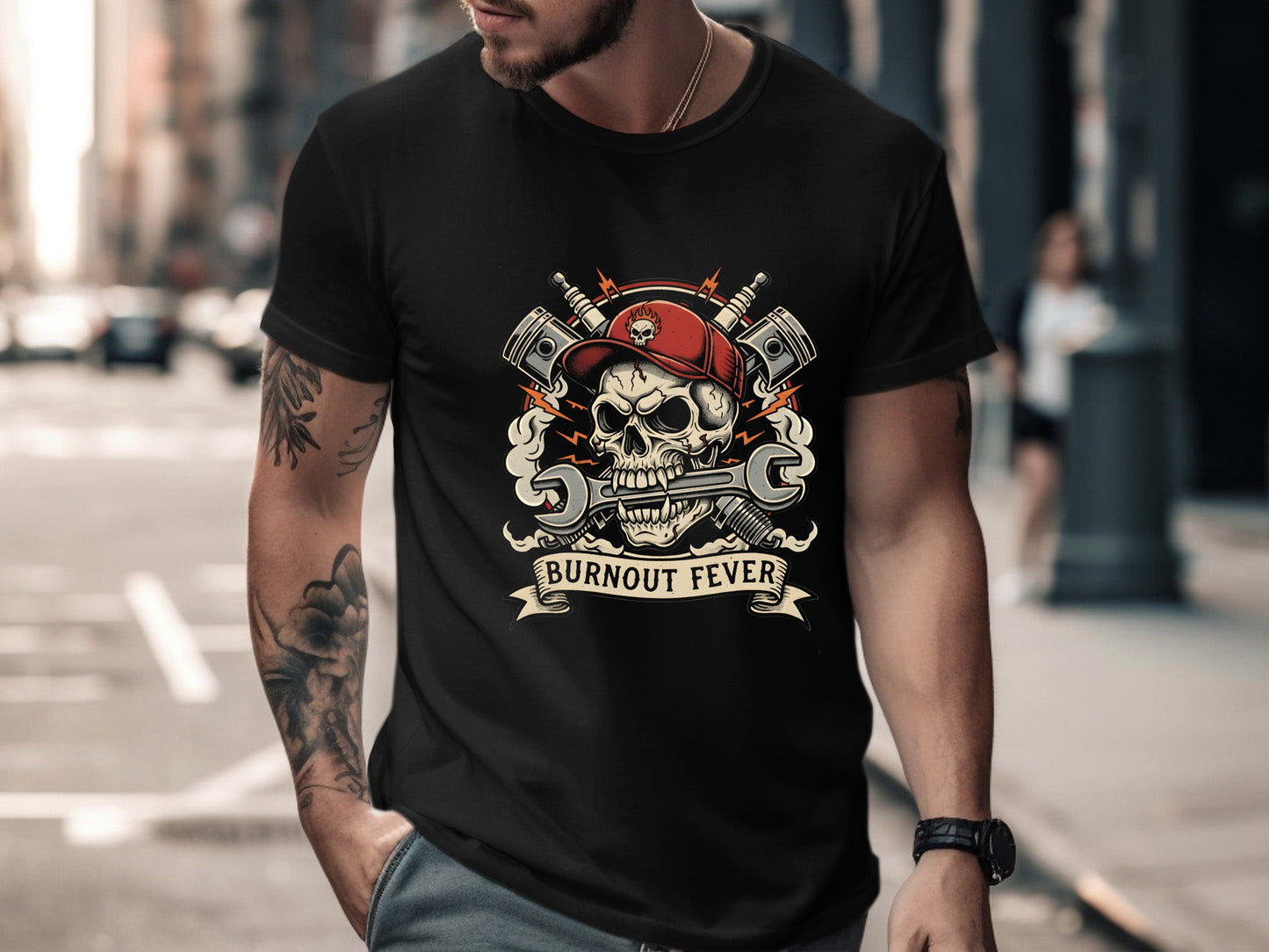 Burnout Fever Mechanic Skull V8 T-Shirt