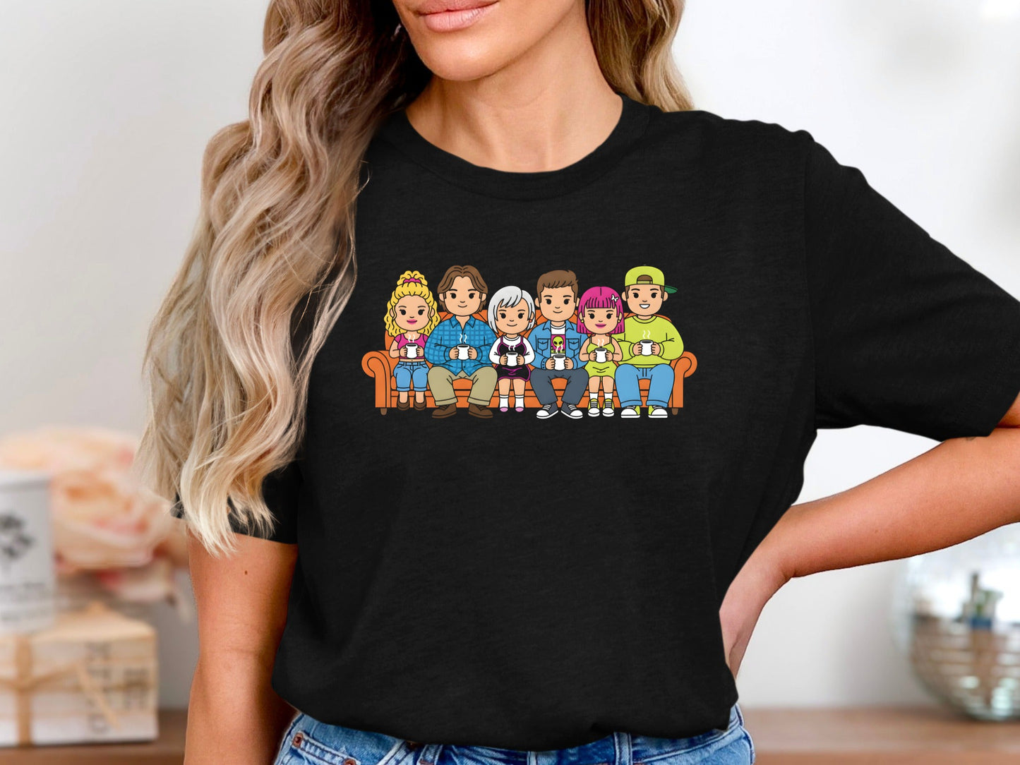 Vintage TV Show Cartoon Friends on Couch Graphic Tee