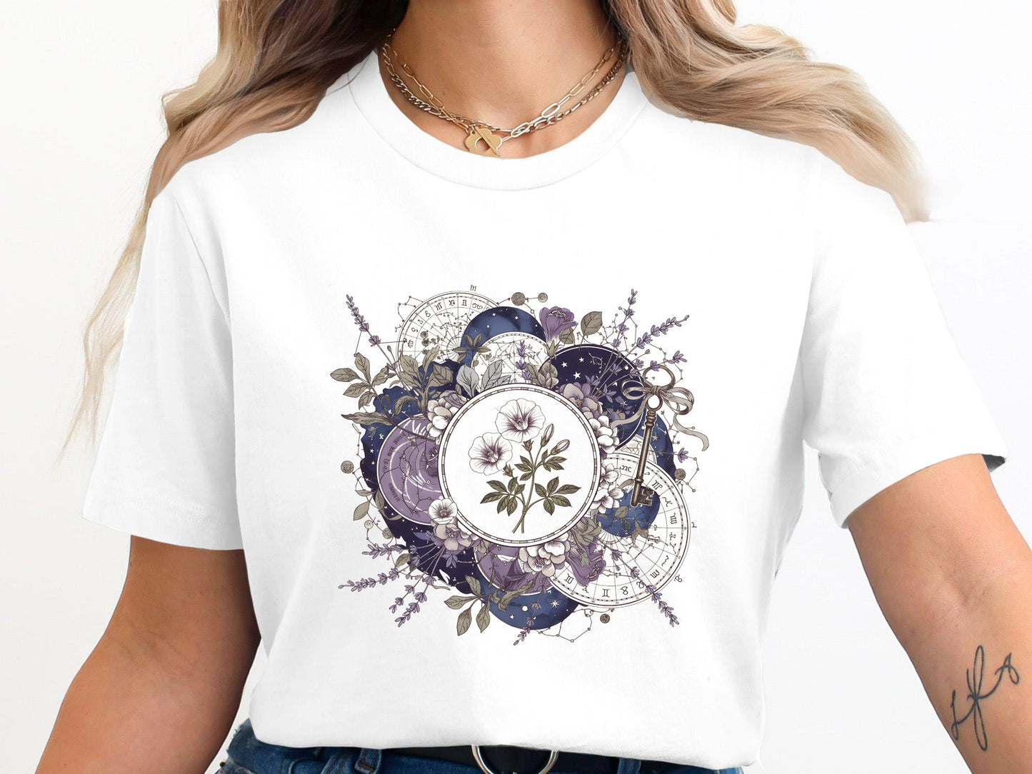 Botanical Astrology Wheel Tee – Mystic Lavender & Flowers T-Shirt