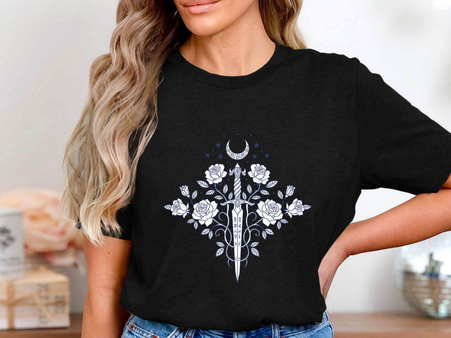 Celestial Dagger & Roses T-Shirt - Mystical Line Art Tee