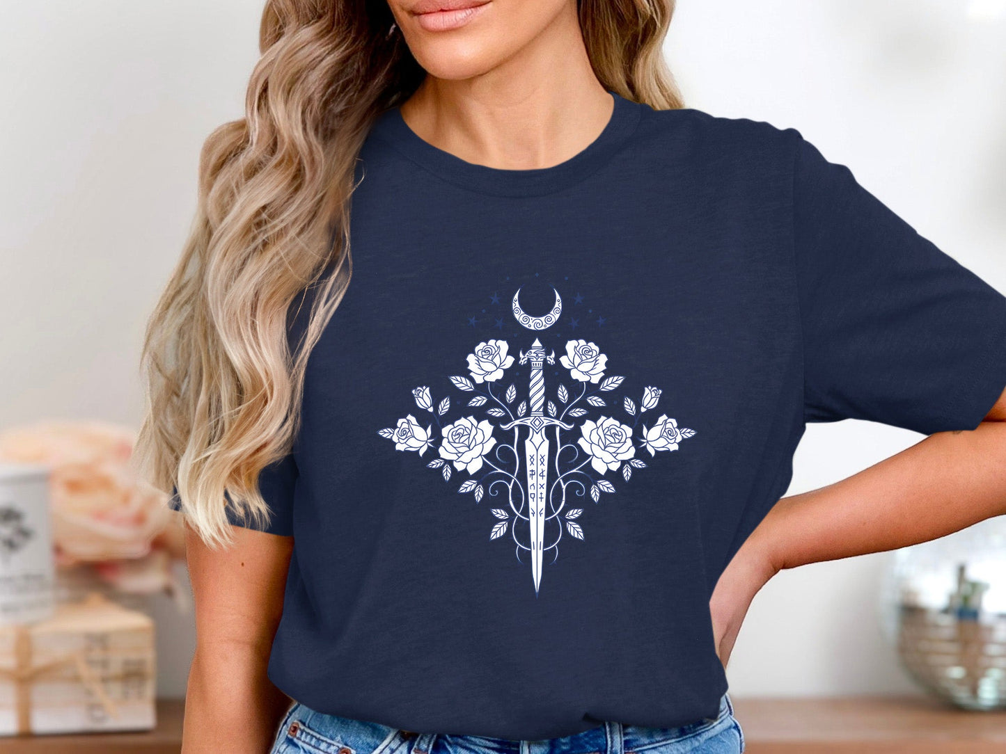 Celestial Dagger & Roses T-Shirt - Mystical Line Art Tee