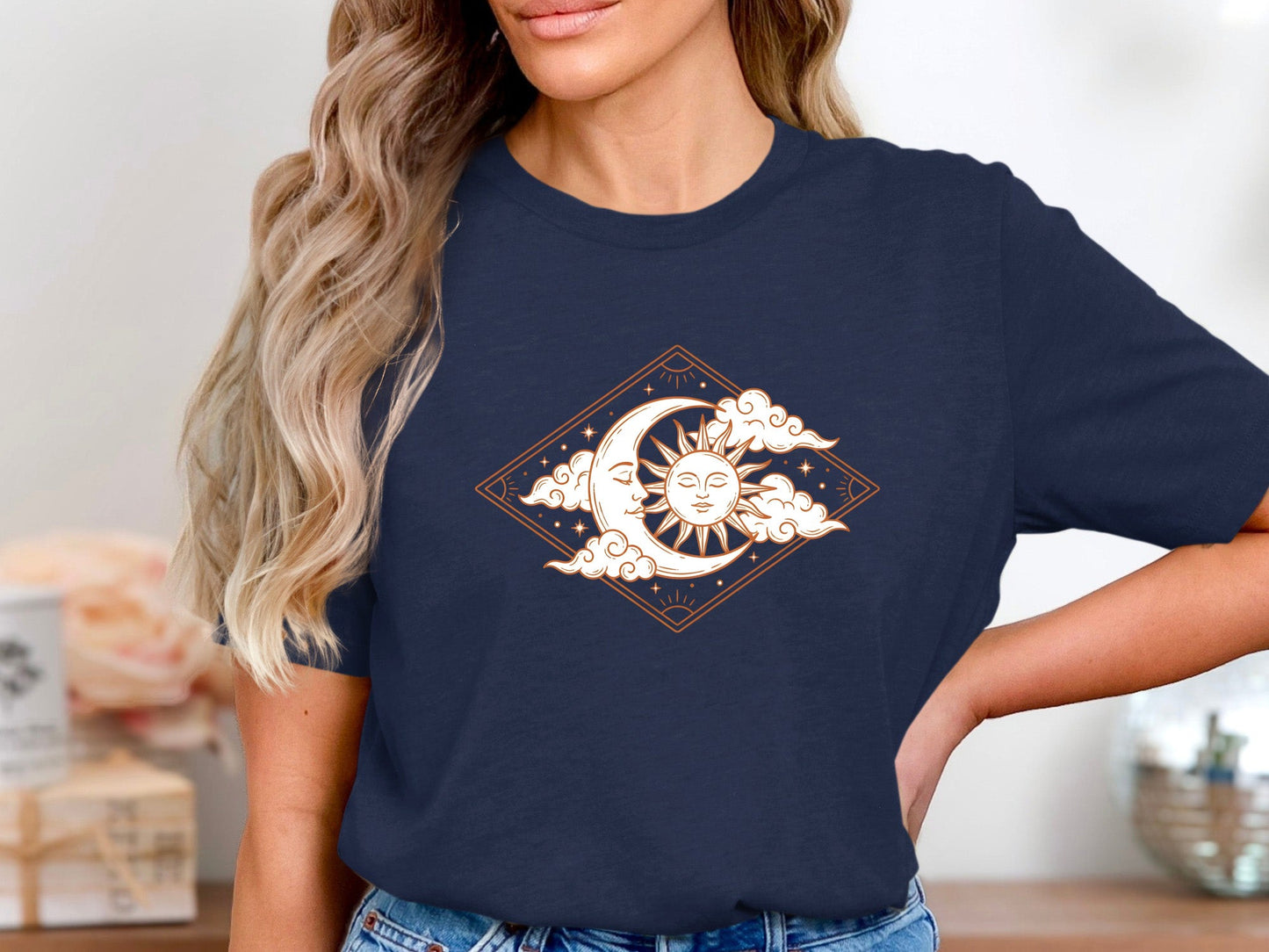 Diamond Sun & Moon Tee – Terracotta Line Art T-Shirt