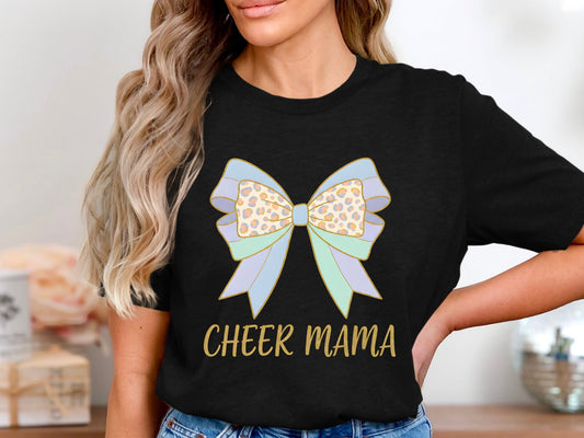 Cheer Mama Leopard Print Bow Tee - Pastel Sideline Sports Shirt