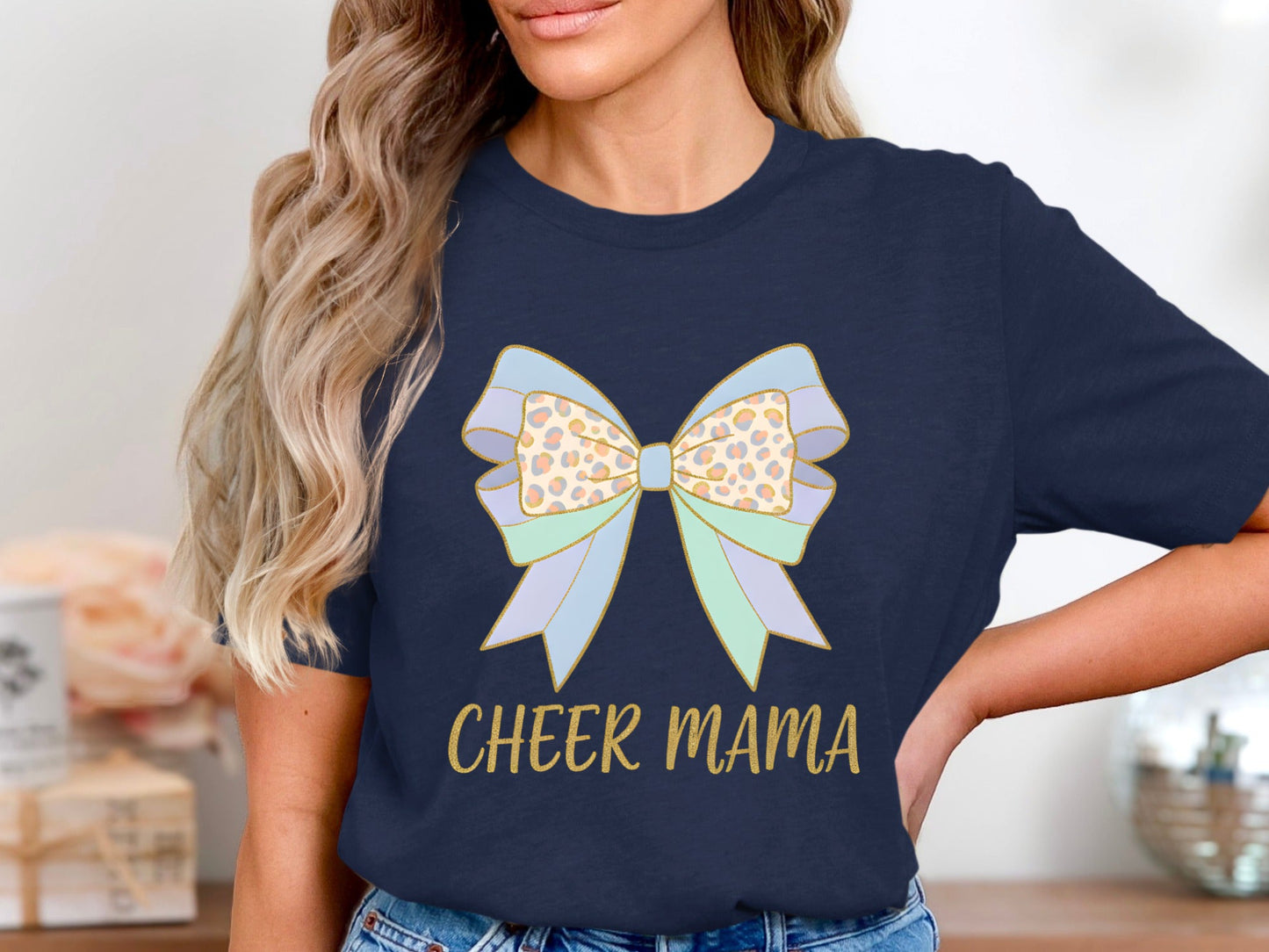 Cheer Mama Leopard Print Bow Tee - Pastel Sideline Sports Shirt