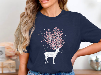 Cherry Blossom Deer Antler T-Shirt - Nature & Floral Graphic