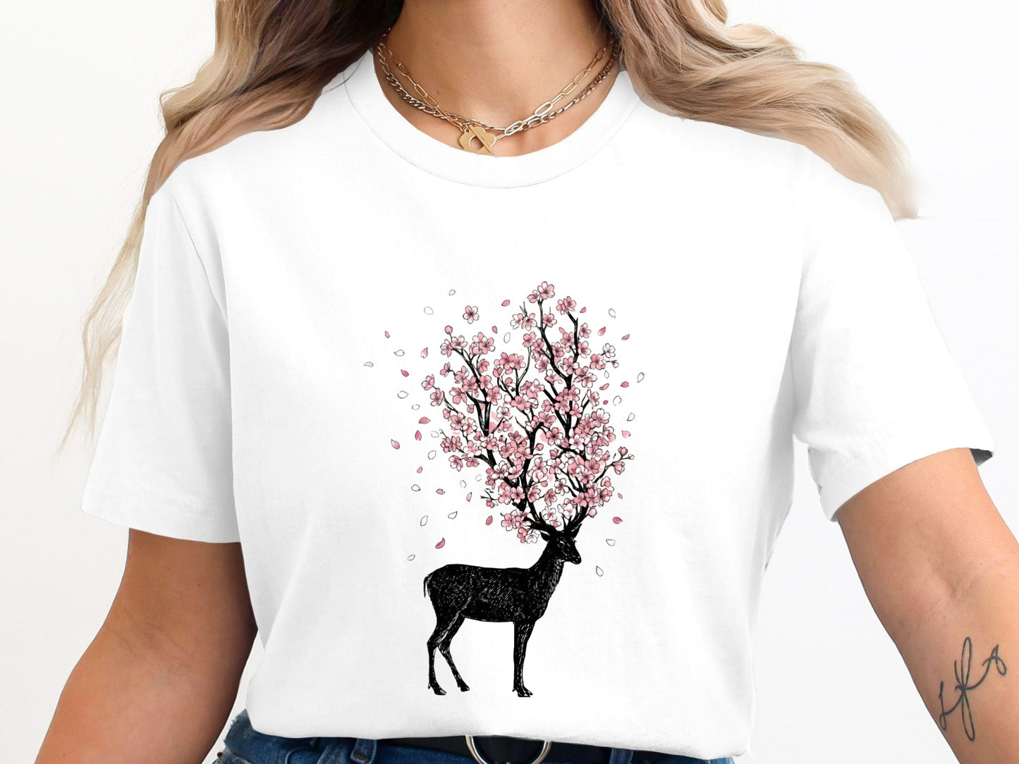 Cherry Blossom Deer Antler T-Shirt - Nature & Floral Graphic