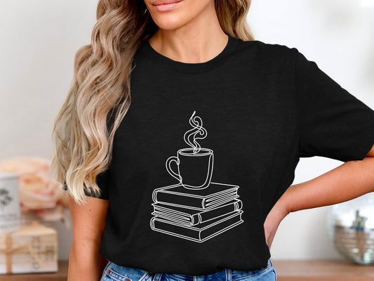 Minimalist Book Stack and Coffee Line Art Tee