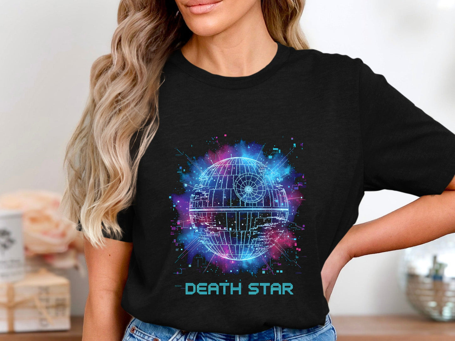 Neon Galactic Art Death Star Hologram Space T-Shirt