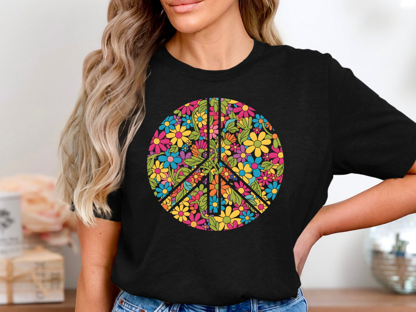 Retro Colorful Floral Peace Sign T-Shirt