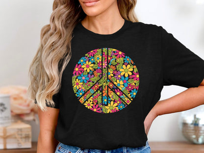 Retro Colorful Floral Peace Sign T-Shirt