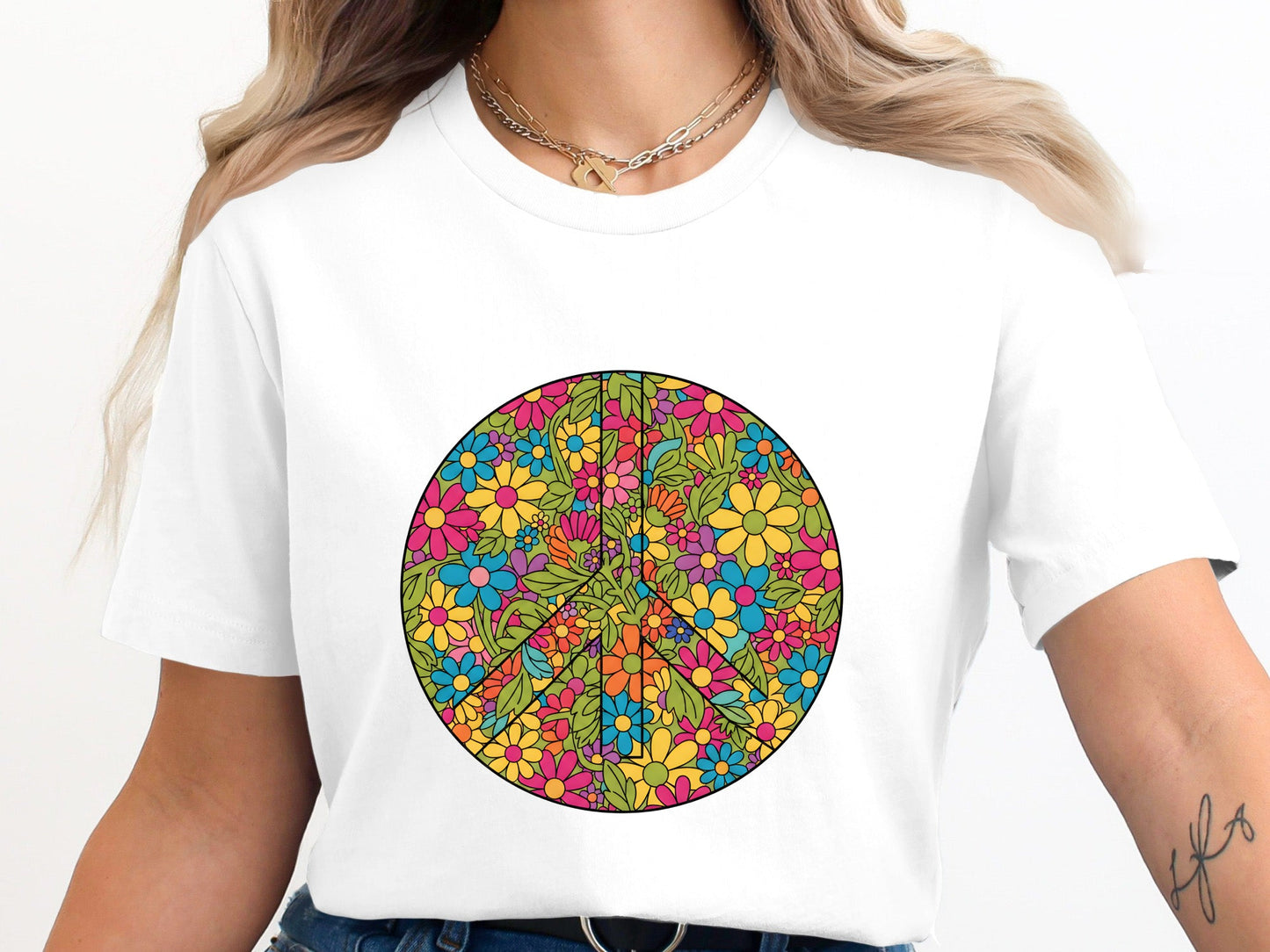 Retro Colorful Floral Peace Sign T-Shirt