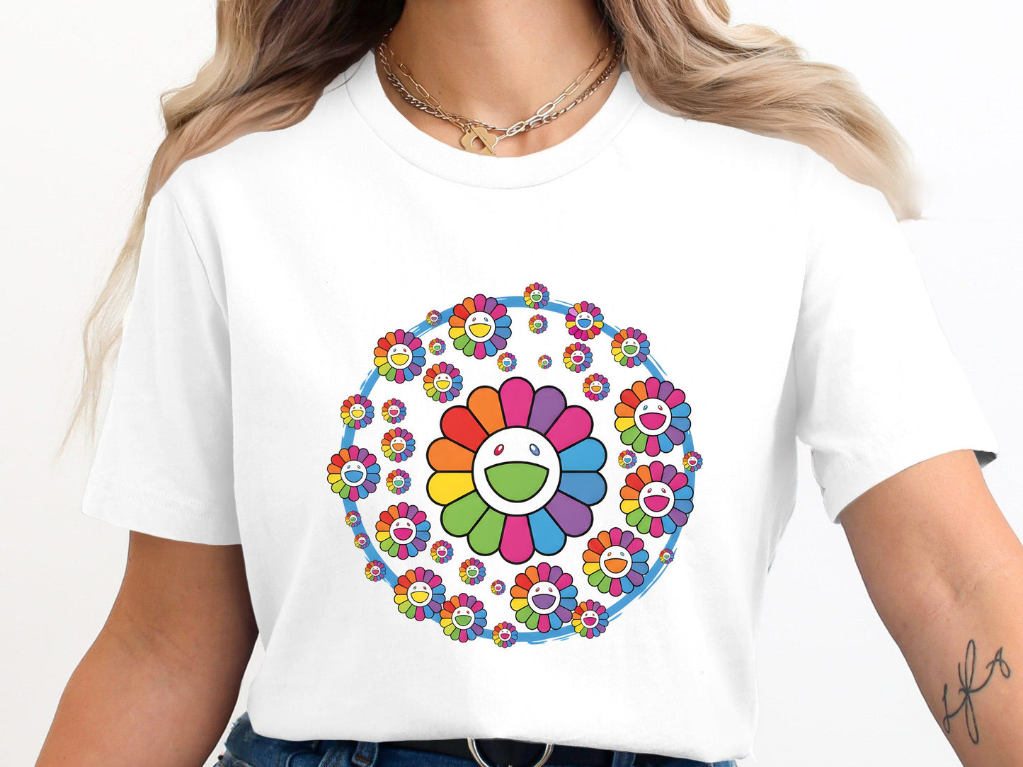 Multi-Smiley Rainbow Floral Mandala White T-Shirt