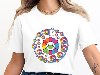 Multi-Smiley Rainbow Floral Mandala White T-Shirt