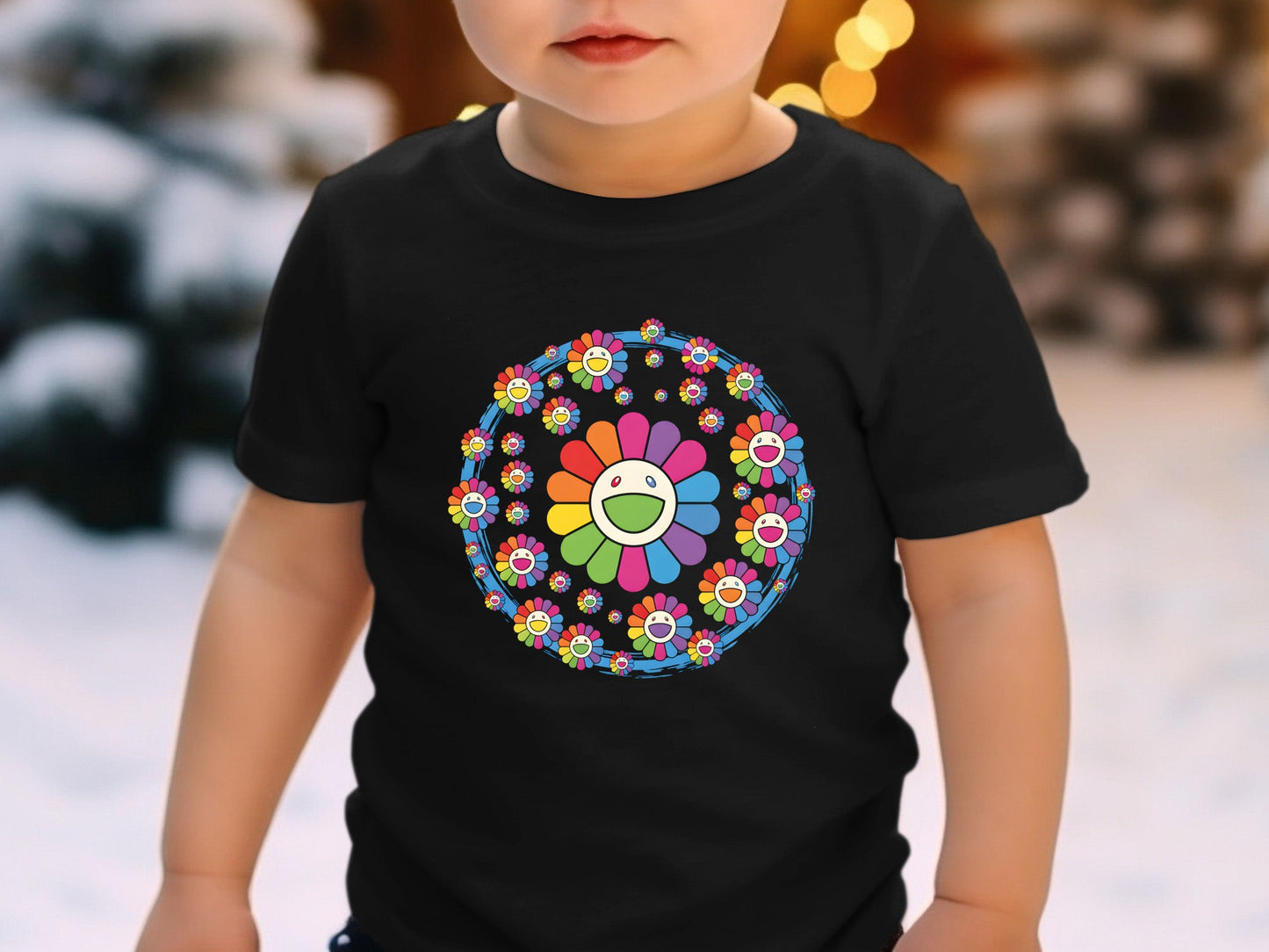 Multi-Smiley Rainbow Floral Mandala White T-Shirt