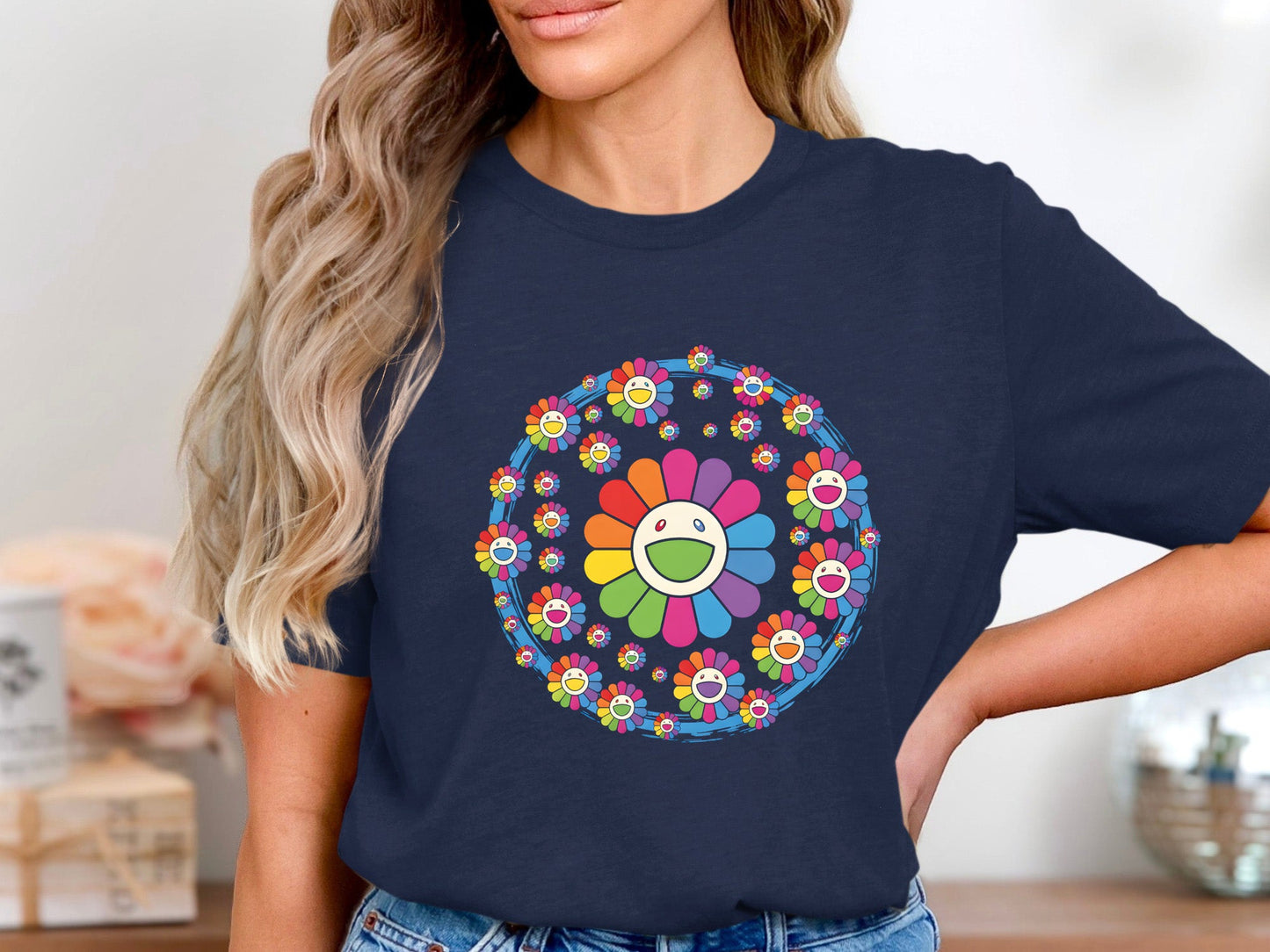 Multi-Smiley Rainbow Floral Mandala White T-Shirt
