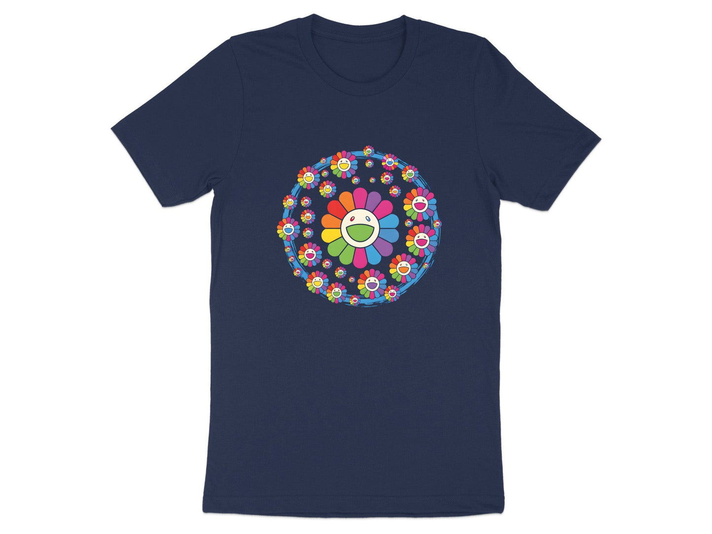 Multi-Smiley Rainbow Floral Mandala White T-Shirt