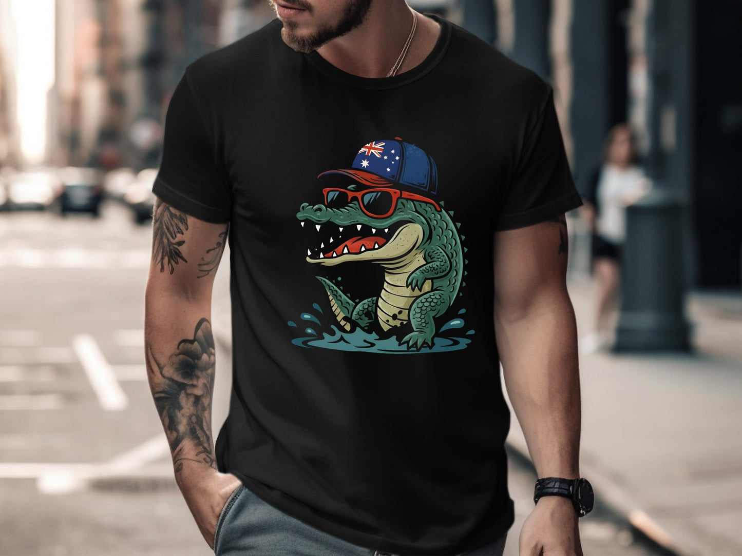 Cool Australian Crocodile T-Shirt - Aussie Flag Cap & Sunnies