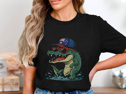 Cool Australian Crocodile T-Shirt - Aussie Flag Cap & Sunnies