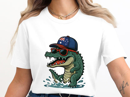Cool Australian Crocodile T-Shirt - Aussie Flag Cap & Sunnies