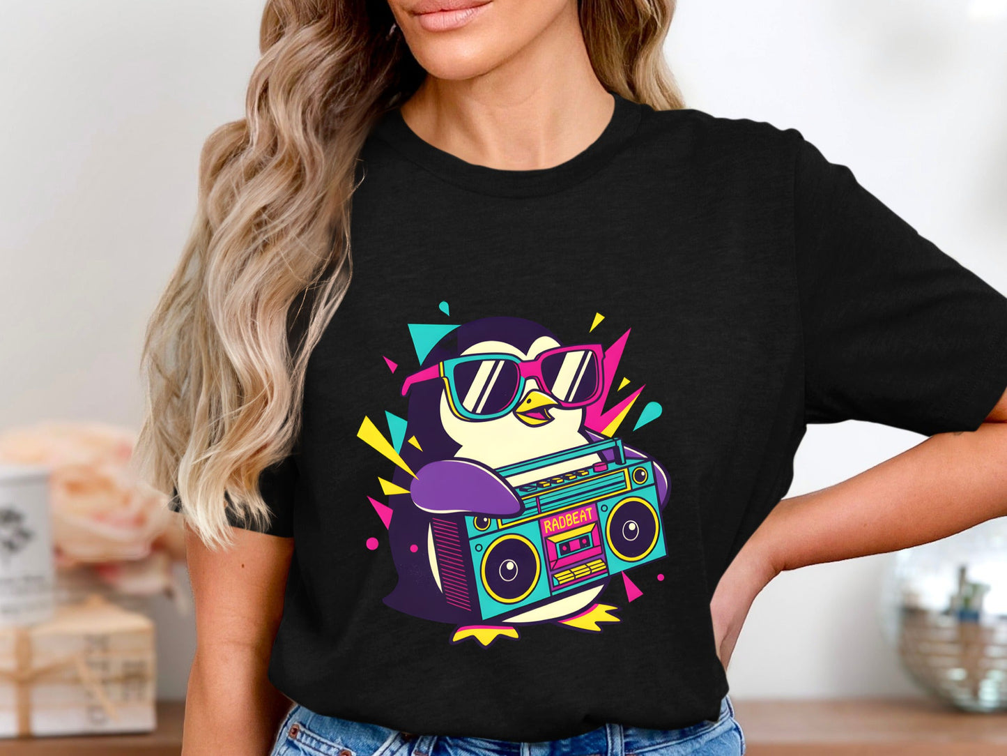 Radbeat Boombox Penguin T-Shirt - 90s Neon Retro Style