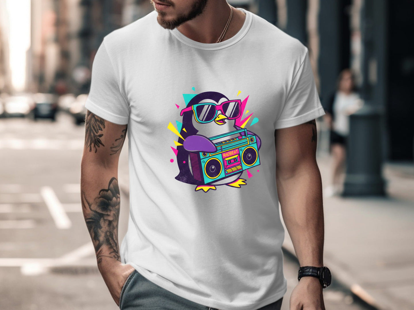 Radbeat Boombox Penguin T-Shirt - 90s Neon Retro Style