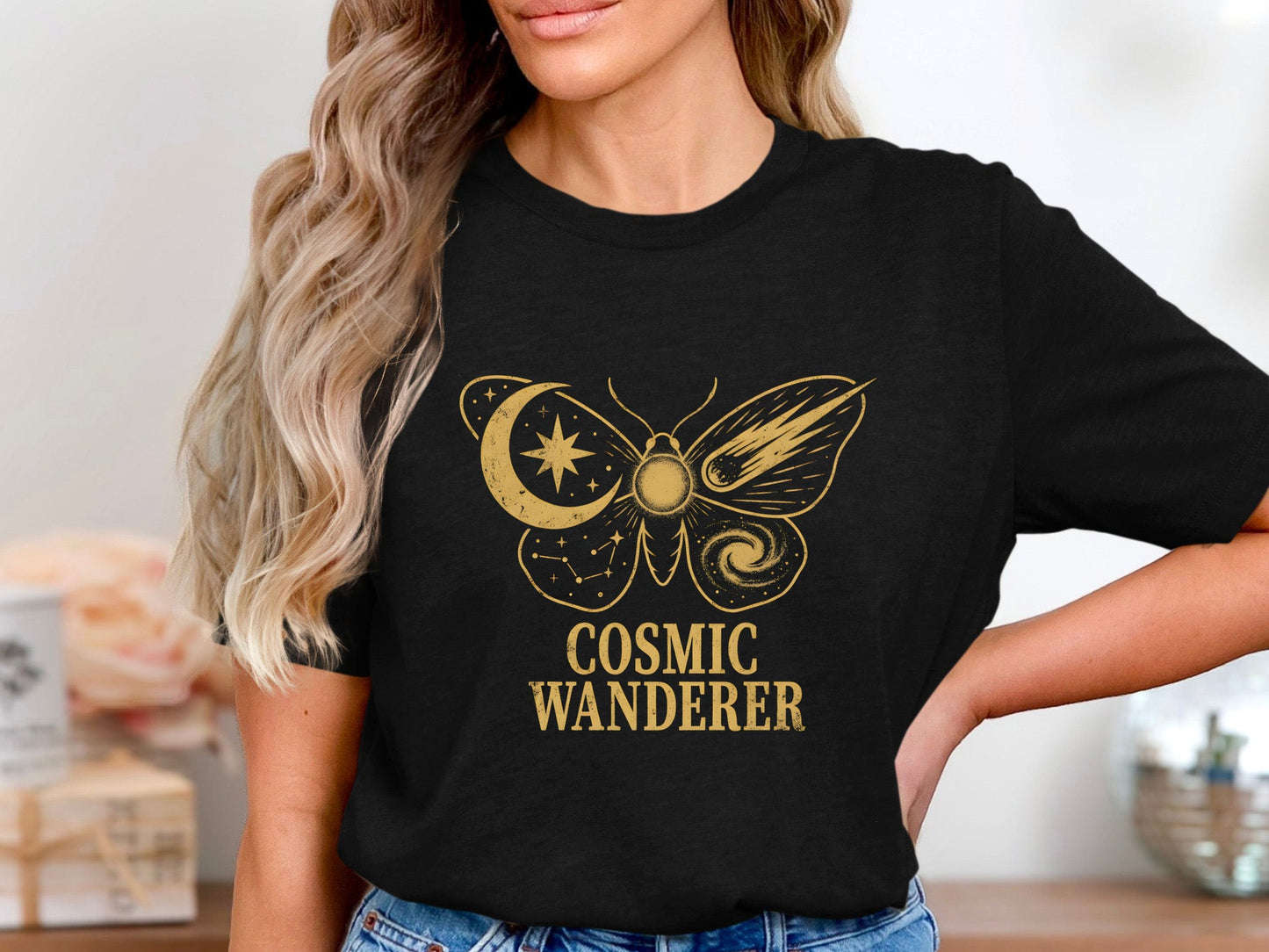 Cosmic Wanderer Tee – Gold Metallic Style Moth T-Shirt
