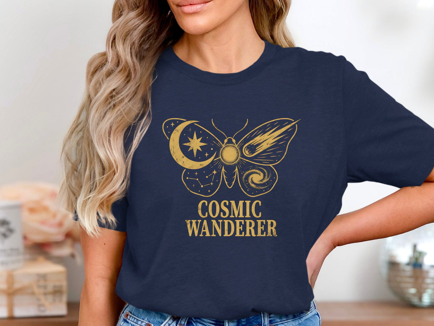 Cosmic Wanderer Tee – Gold Metallic Style Moth T-Shirt