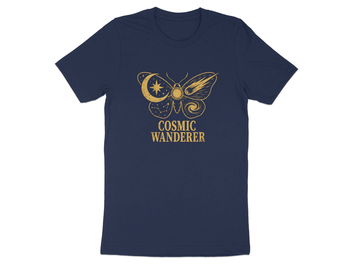 Cosmic Wanderer Tee – Gold Metallic Style Moth T-Shirt