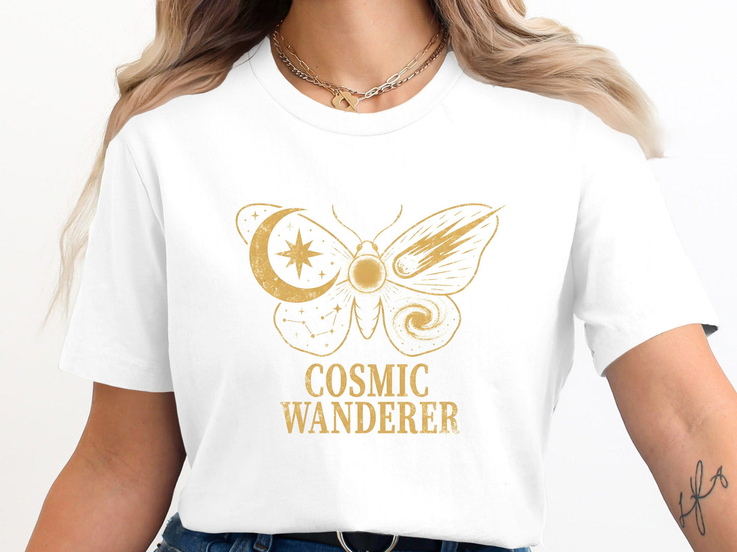 Cosmic Wanderer Tee – Gold Metallic Style Moth T-Shirt