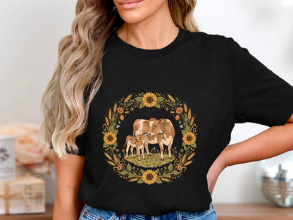 Cow and Calf Sunflower Wreath T-Shirt - Farmhouse Aesthetic