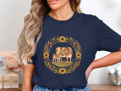 Cow and Calf Sunflower Wreath T-Shirt - Farmhouse Aesthetic