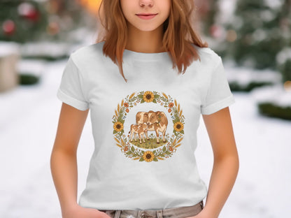 Cow and Calf Sunflower Wreath T-Shirt - Farmhouse Aesthetic
