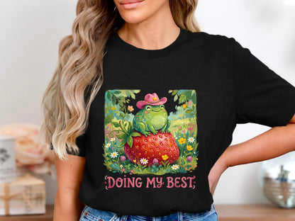 Doing My Best Cowboy Frog T-Shirt - Cottagecore Strawberry Art