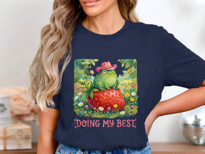 Doing My Best Cowboy Frog T-Shirt - Cottagecore Strawberry Art