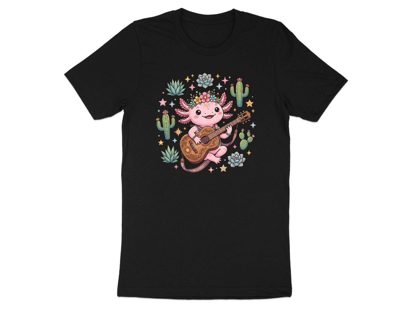 Cute Axolotl Playing Guitar T-Shirt - Kawaii Desert Vibe