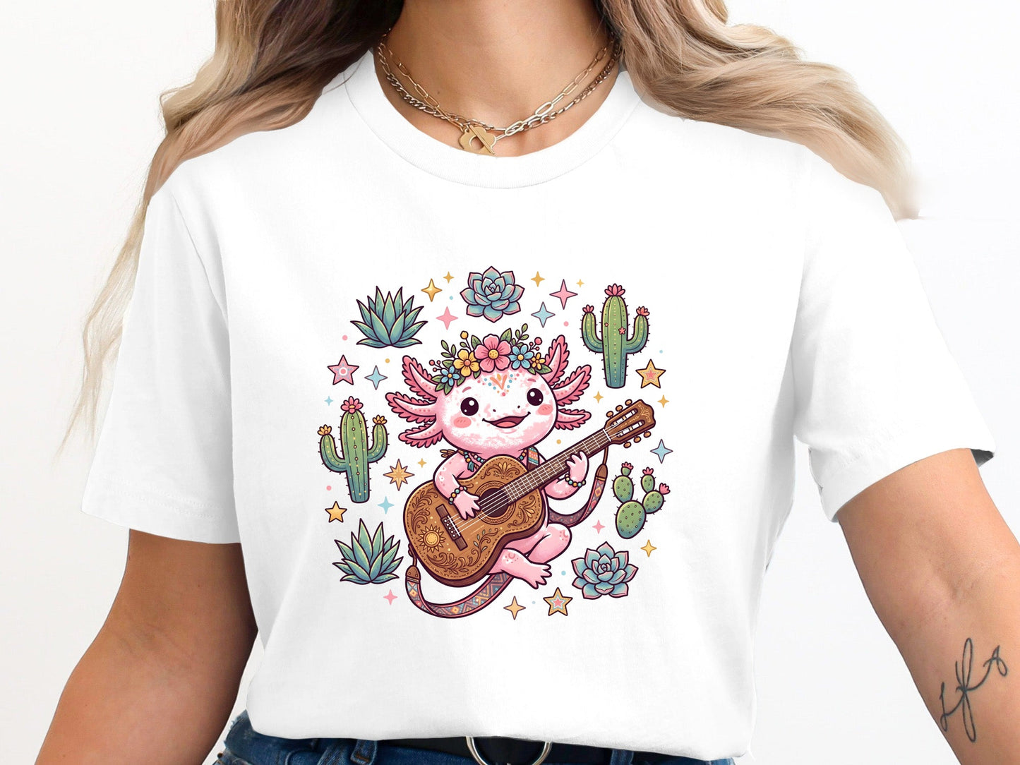 Cute Axolotl Playing Guitar T-Shirt - Kawaii Desert Vibe