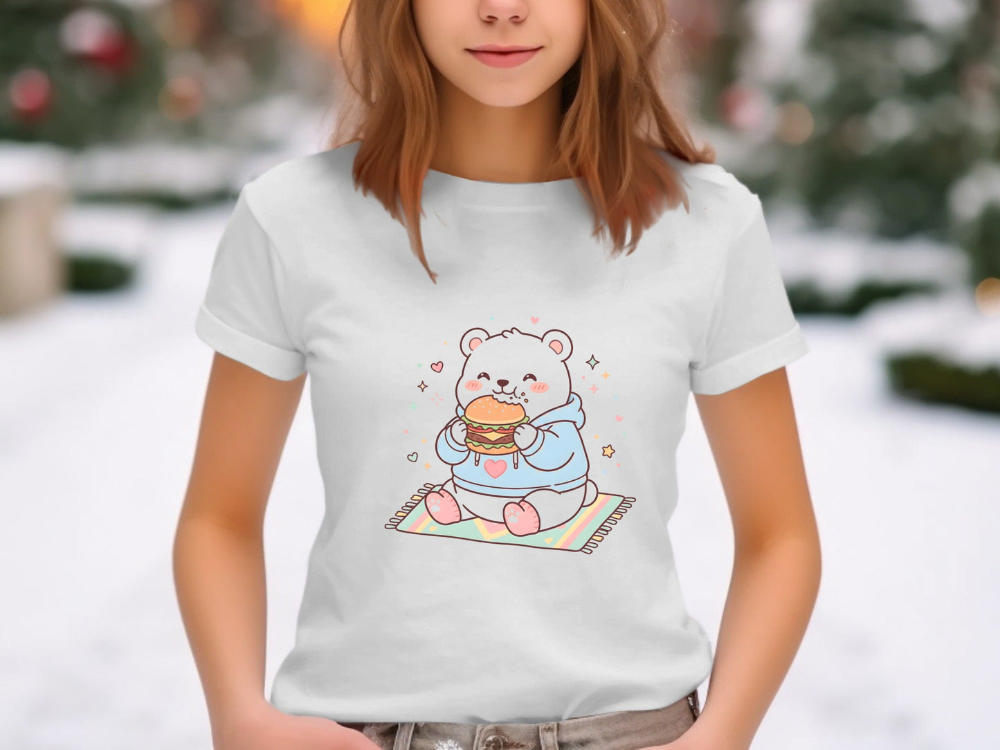 Cute Kawaii Polar Bear Eating Burger T-Shirt