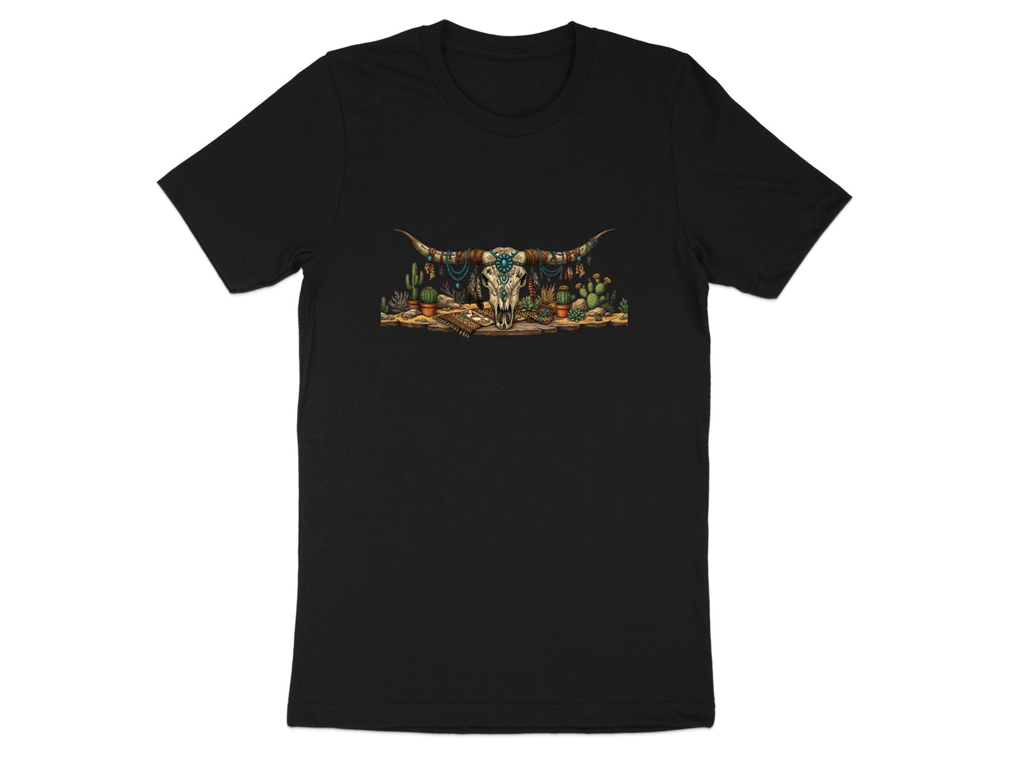 Decorated Bull Skull & Desert Cactus T-Shirt - Western Boho