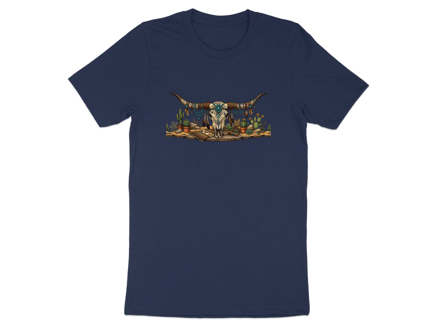 Decorated Bull Skull & Desert Cactus T-Shirt - Western Boho