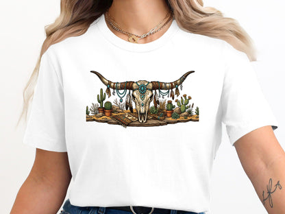 Decorated Bull Skull & Desert Cactus T-Shirt - Western Boho